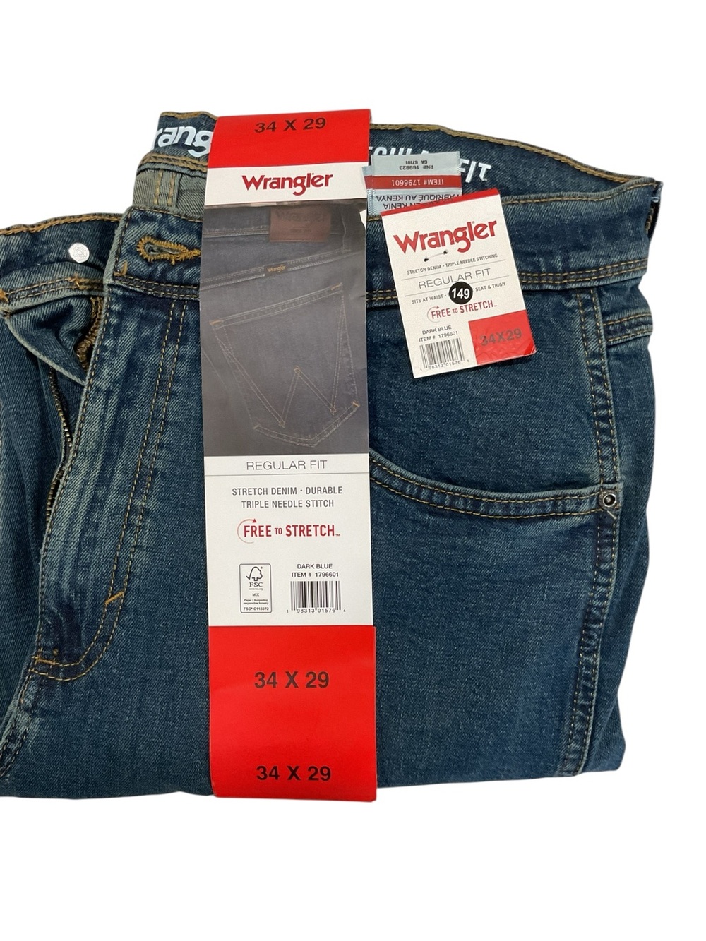 Wrangler Men’s Regular Fit Dark Blue Stretch Denim Jeans 34 x 29